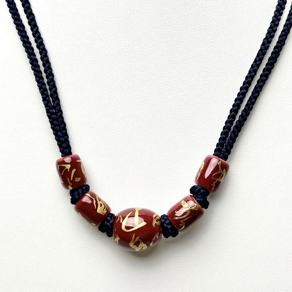 Necklace Ceramic Beads Hand Knotted Purple Gold Accents Braided Double Cord Navy - Picture 6 of 13